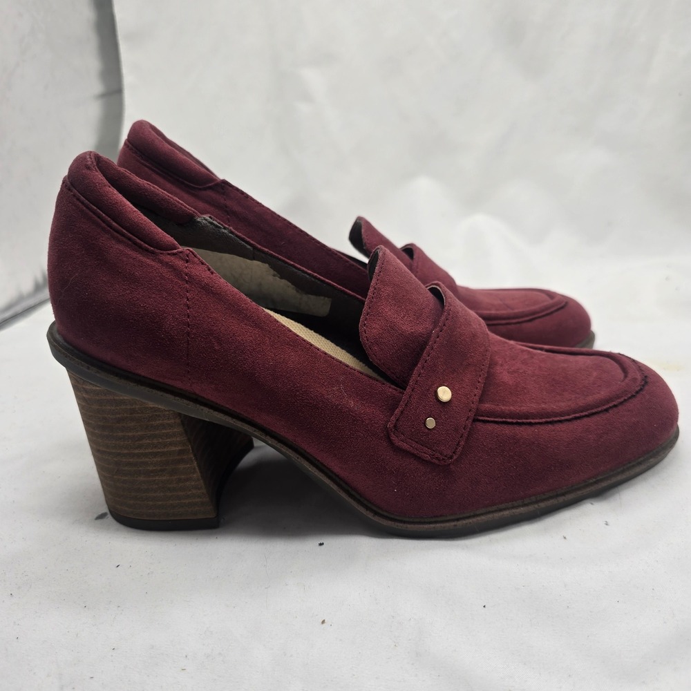 Dr. Scholls Rumors Heeled Loafer Womens 9.5 Burgundy Faux Suede Block Heel Retro